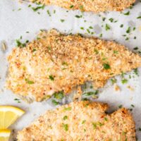 close up three pieces of breaded chicken without egg.