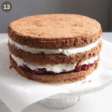 undecorated black forest cake showing the three layers.